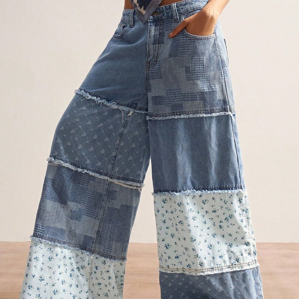 Blue Boho Casual Women's Loose Patchwork Wide Leg Jeans - Picture 6 of 7